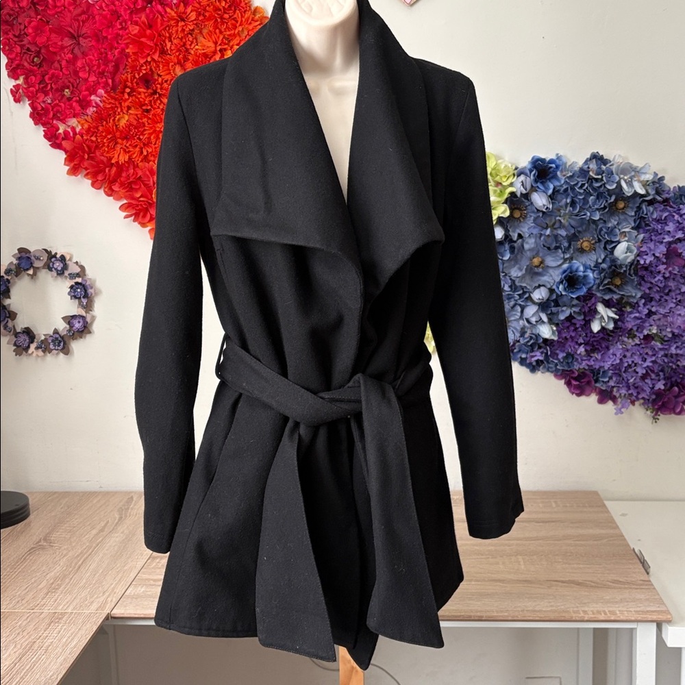 Zara open belt black wool blend lined coat